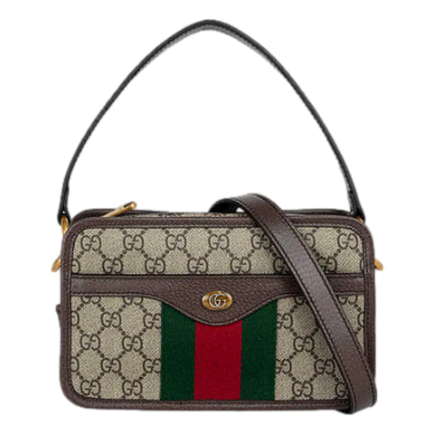 Gucci Ophida GG Supreme Canvas Leather Webstripe Top Handle Crossbody Handbag available at Queen Bee of Beverly Hills