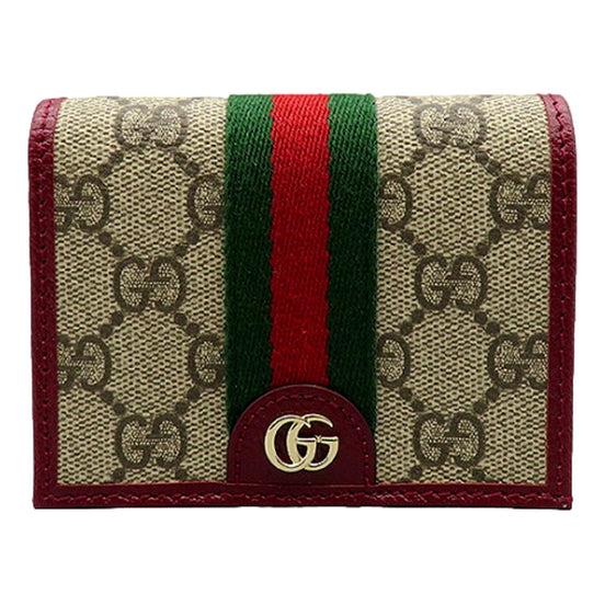 Gucci Ophidia Canvas Webstripe Burgundy Leather Bifold Snap Wallet