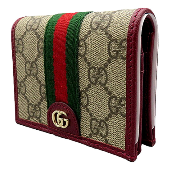 Gucci Ophidia Canvas Webstripe Burgundy Leather Bifold Snap Wallet