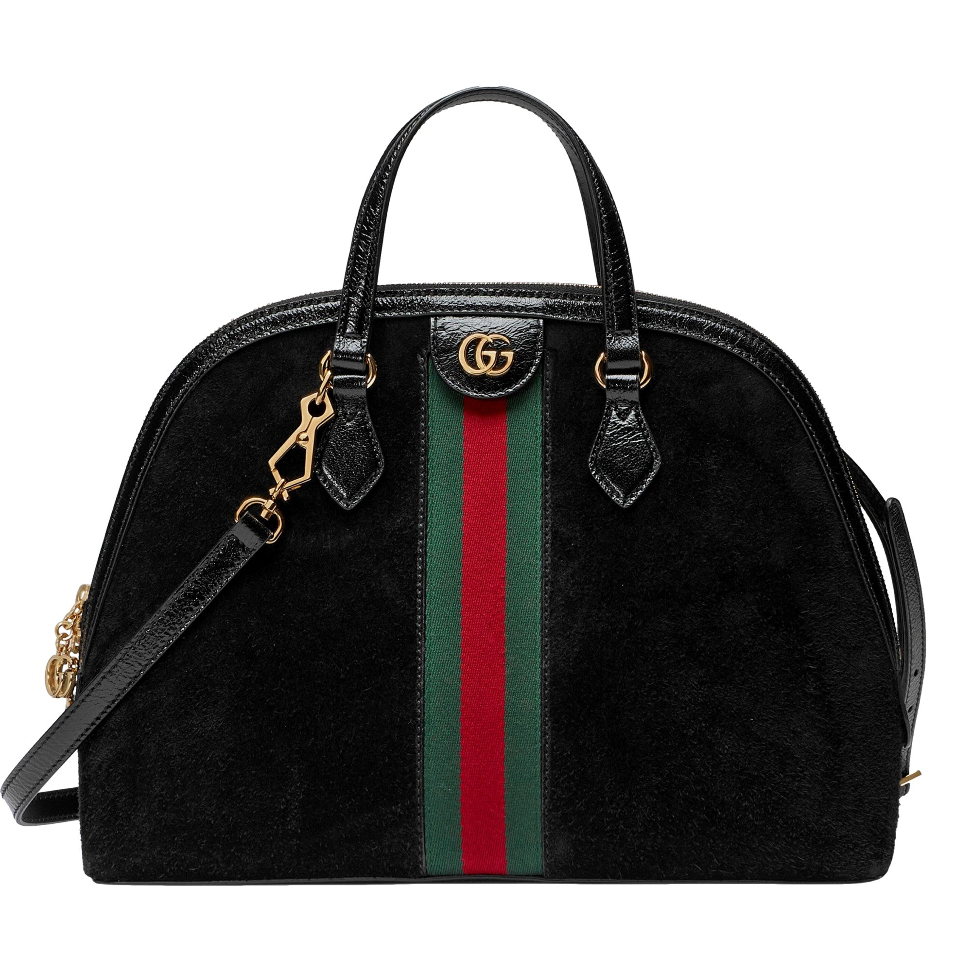 Gucci Ophidia Dome black suede top handle satchel with web stripe