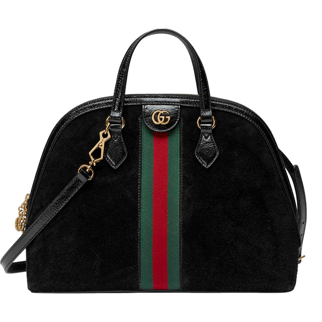 Gucci Ophidia Dome black suede top handle satchel with web stripe