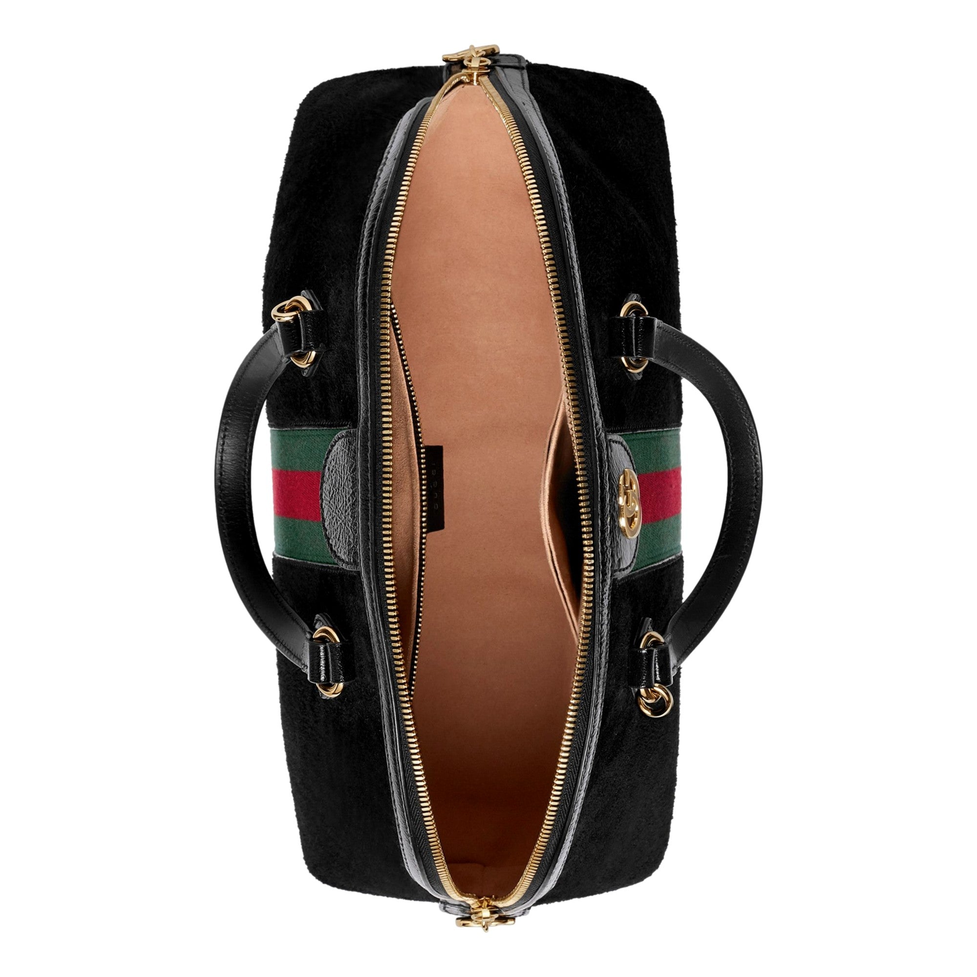 Gucci Black handbag with gold hardware and green and red striped detail on a white background