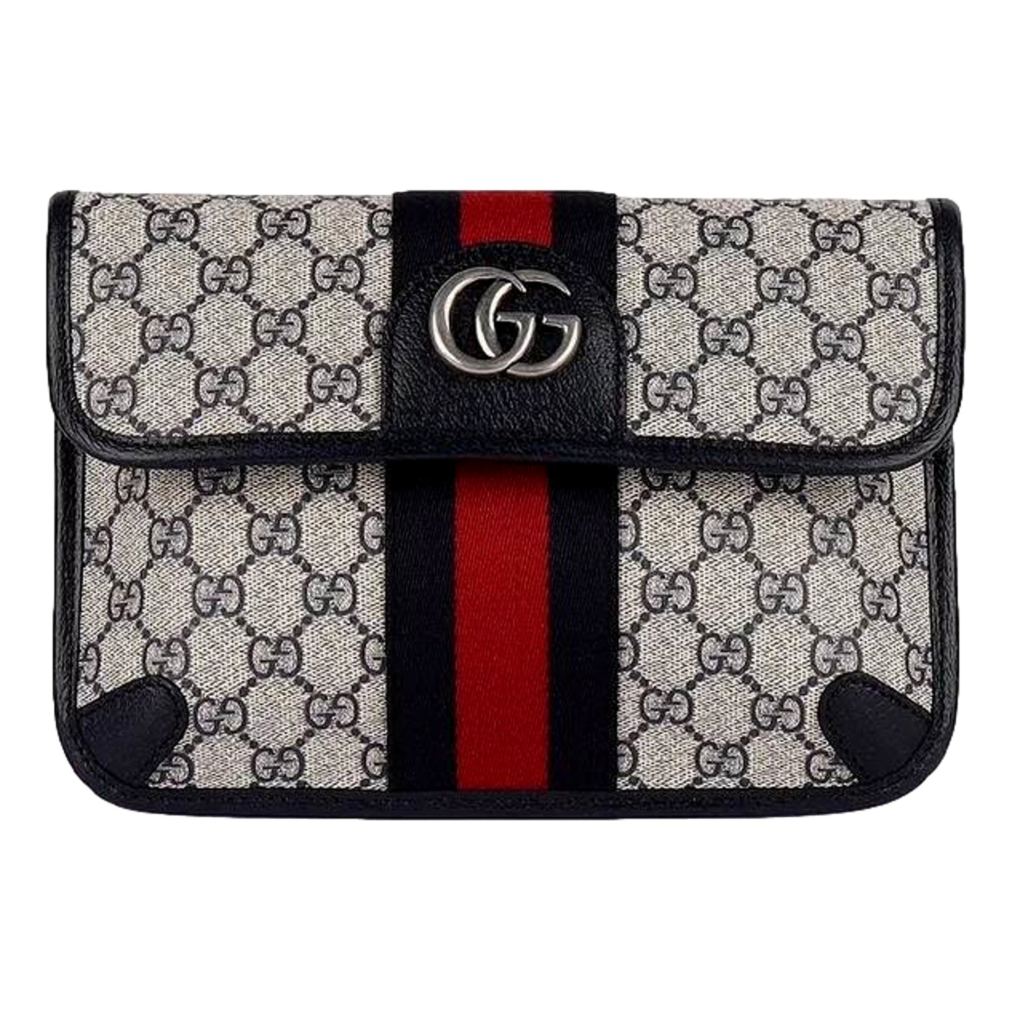 Gucci Ophidia Flap Belt Bag GG Beige Coated Canvas Navy and Red available at Queen Bee of Beverly Hills