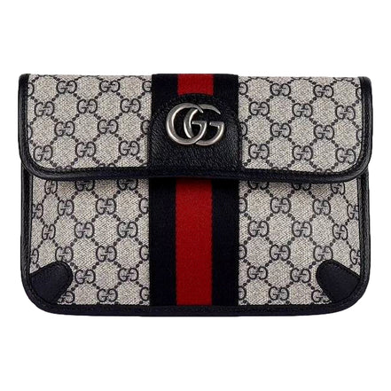 Gucci Ophidia Flap Belt Bag GG Beige Coated Canvas Navy and Red available at Queen Bee of Beverly Hills