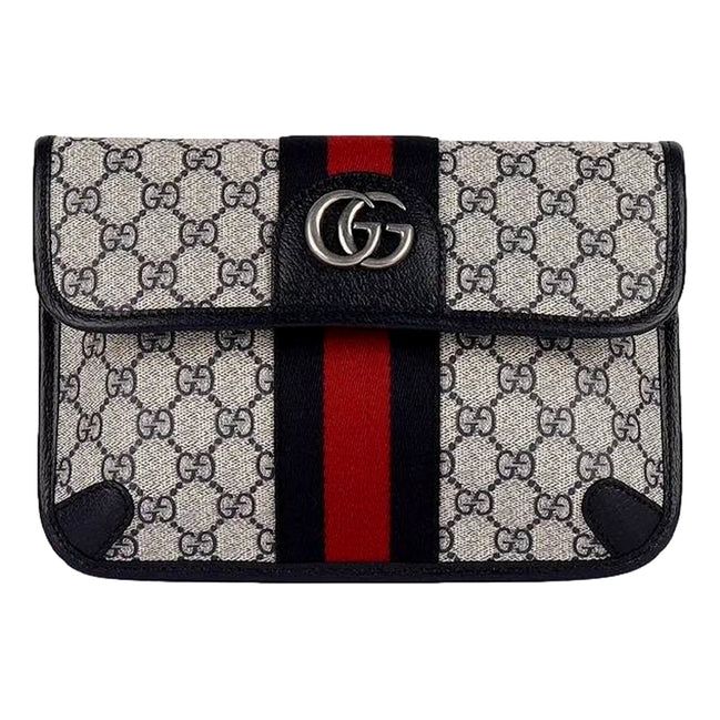 Gucci Ophidia Flap Belt Bag GG Beige Coated Canvas Navy and Red available at Queen Bee of Beverly Hills