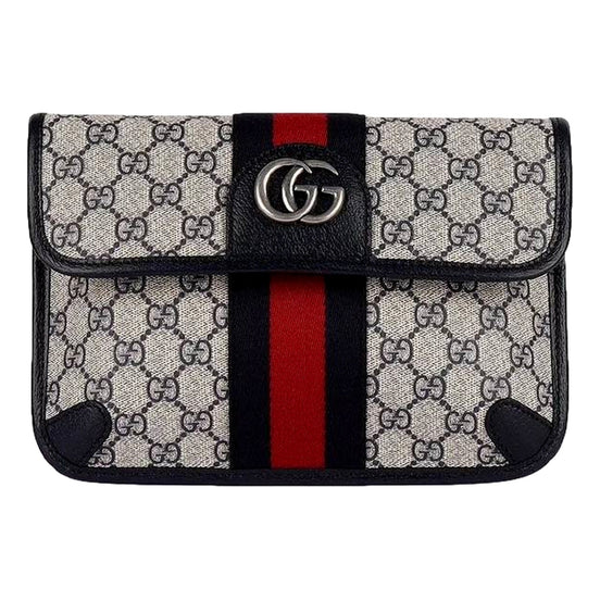 Gucci Ophidia Flap Belt Bag GG Beige Coated Canvas Navy and Red available at Queen Bee of Beverly Hills
