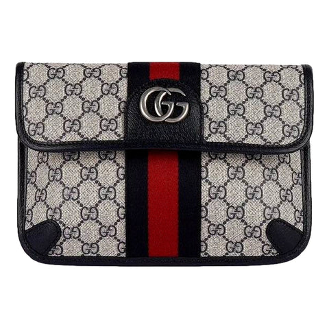 Gucci Ophidia Flap Belt Bag GG Beige Coated Canvas Navy and Red available at Queen Bee of Beverly Hills