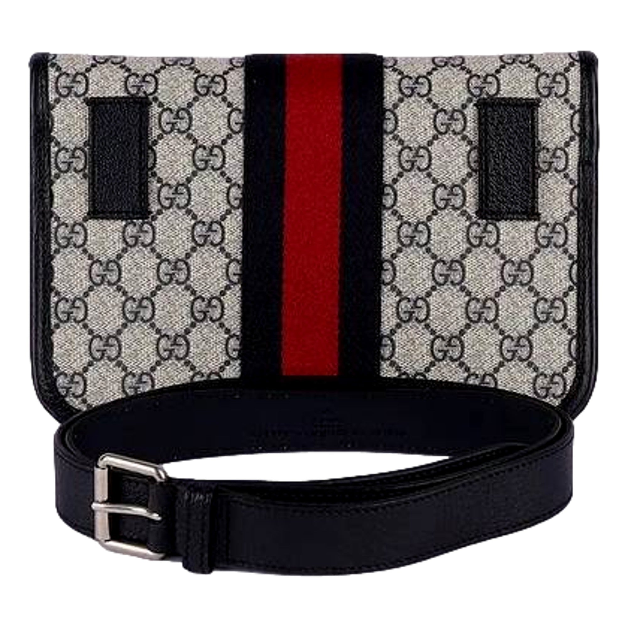 Gucci Ophidia Flap Belt Bag GG Beige Coated Canvas Navy and Red available at Queen Bee of Beverly Hills