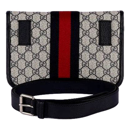 Gucci Ophidia Flap Belt Bag GG Beige Coated Canvas Navy and Red available at Queen Bee of Beverly Hills