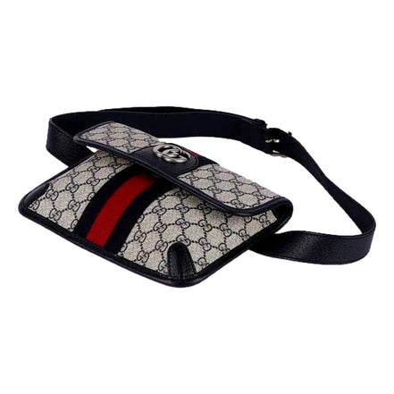Gucci Ophidia Flap Belt Bag GG Beige Coated Canvas Navy and Red available at Queen Bee of Beverly Hills