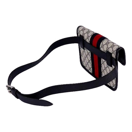 Gucci Ophidia Flap Belt Bag GG Beige Coated Canvas Navy and Red available at Queen Bee of Beverly Hills