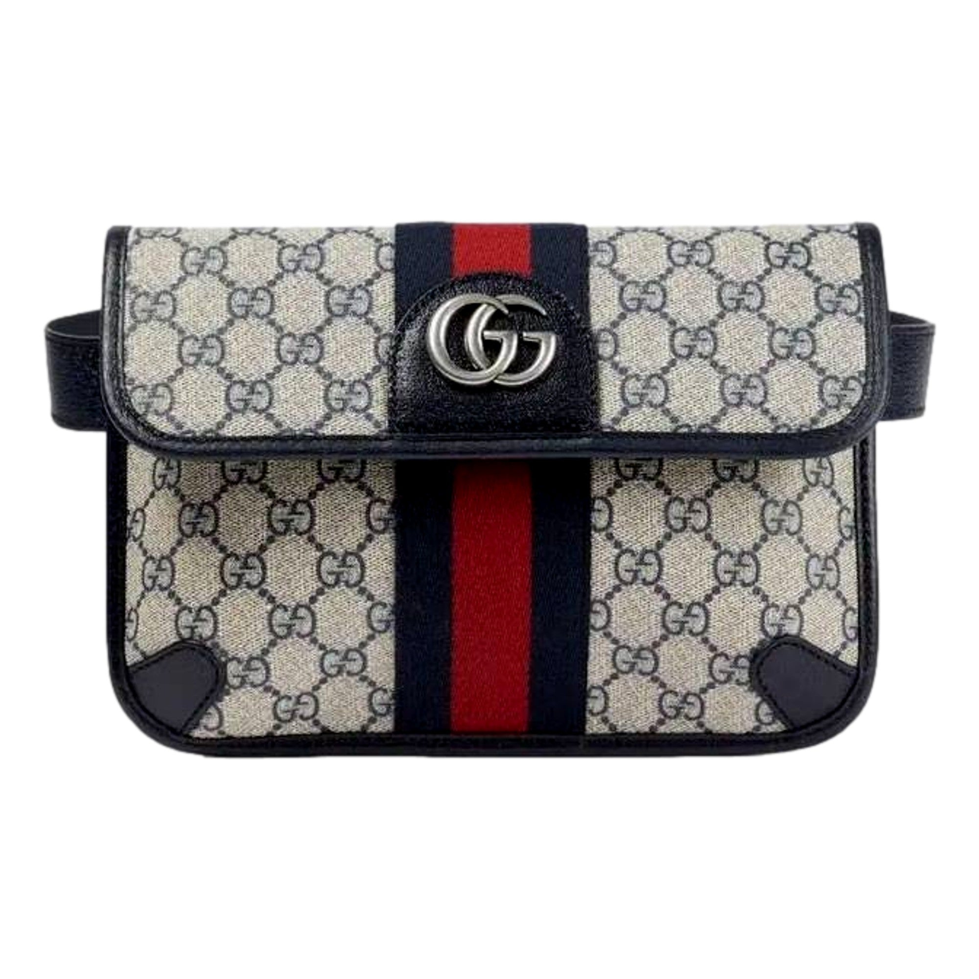Gucci Ophidia Flap Belt Bag GG Beige Coated Canvas Navy and Red available at Queen Bee of Beverly Hills
