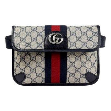 Gucci Ophidia Flap Belt Bag GG Beige Coated Canvas Navy and Red available at Queen Bee of Beverly Hills