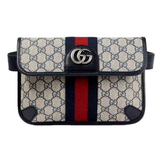 Gucci Ophidia Flap Belt Bag GG Beige Coated Canvas Navy and Red available at Queen Bee of Beverly Hills