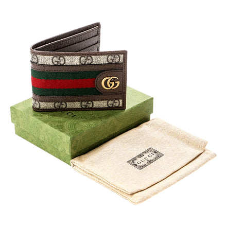 Gucci Ophidia GG Canvas Web Stripe Mini Bifold Wallet available at Queen Bee of Beverly Hills