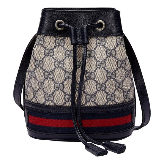 Gucci Ophidia Mini Beige And Blue GG Canvas Bucket Bag available at Queen Bee of Beverly Hills