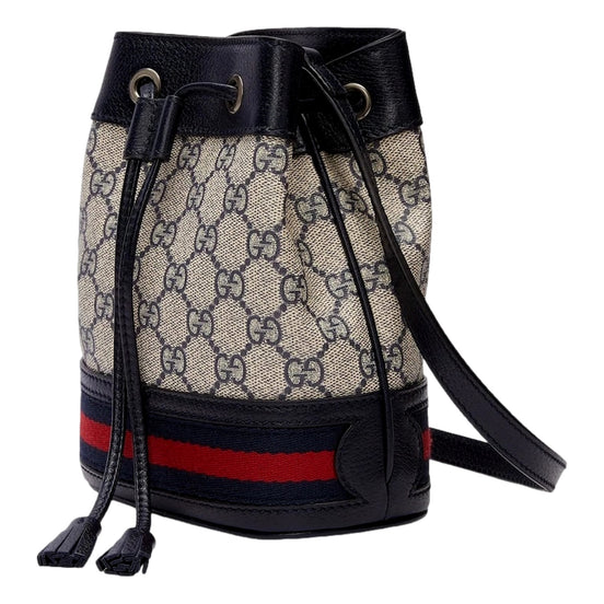 Gucci Ophidia Mini Beige And Blue GG Canvas Bucket Bag available at Queen Bee of Beverly Hills