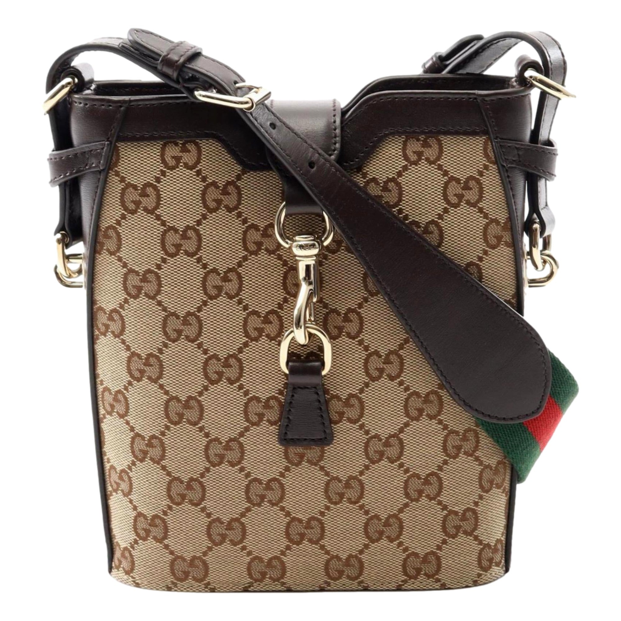 Gucci Original GG Canvas Beige Brown Webstripe Mini Bucket Bag available at Queen Bee of Beverly Hills