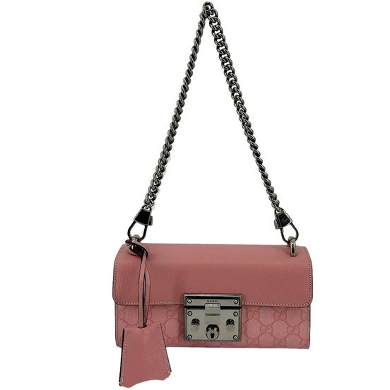 Gucci Pink GG Supreme Leather Padlock Chain Small Handbag Pink available at Queen Bee of Beverly Hills