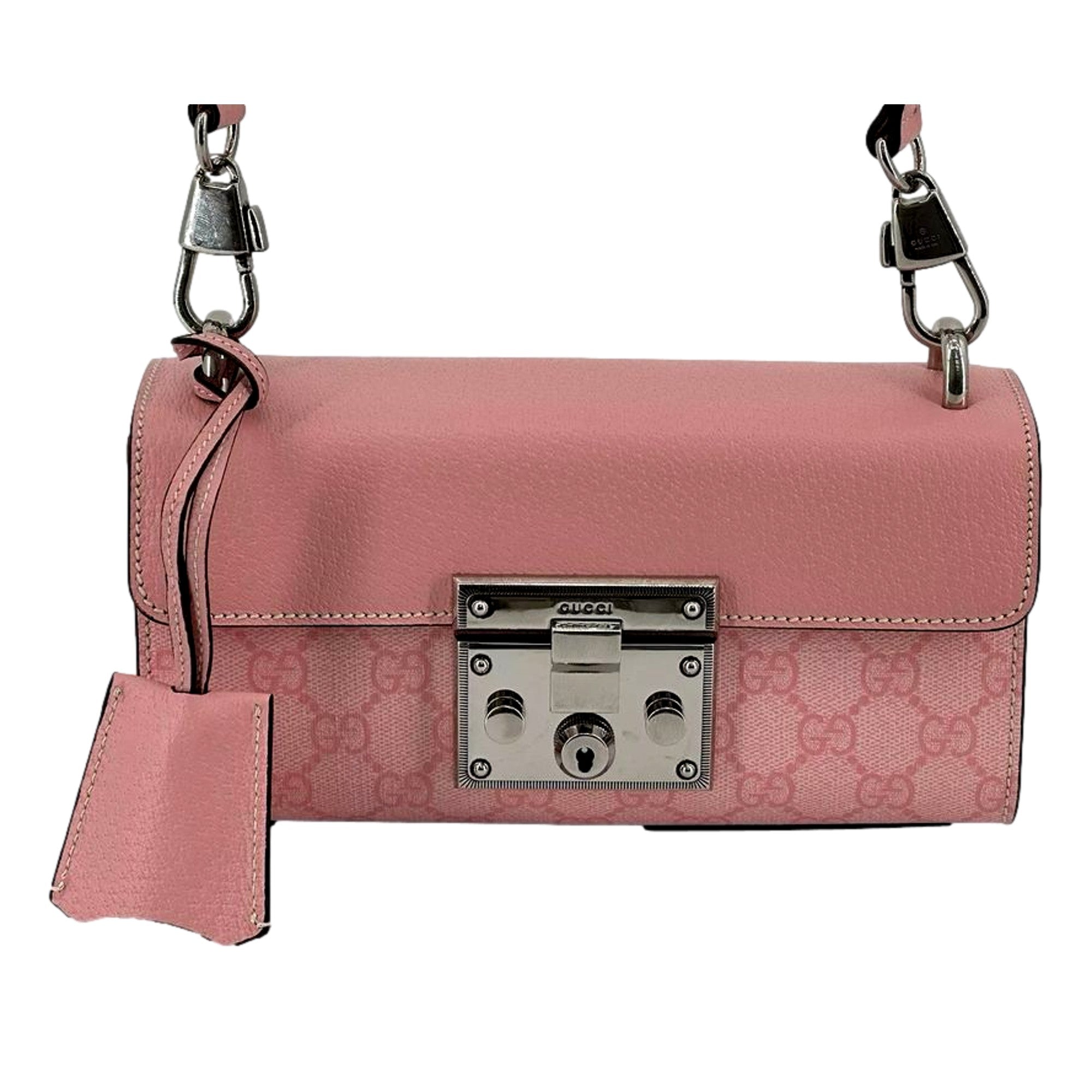 Gucci Pink GG Supreme Leather Padlock Chain Small Handbag Pink available at Queen Bee of Beverly Hills