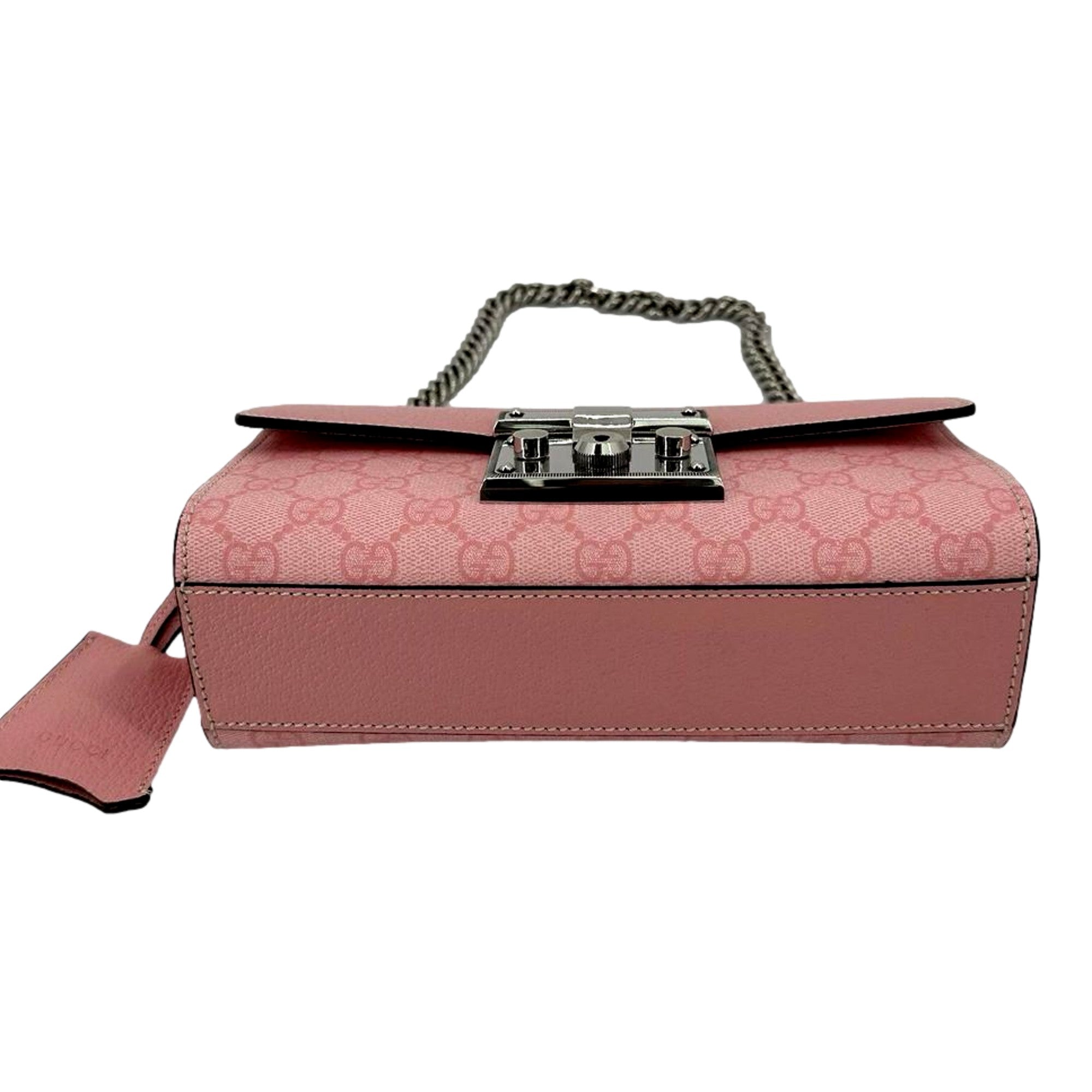 Gucci Pink GG Supreme Leather Padlock Chain Small Handbag Pink available at Queen Bee of Beverly Hills