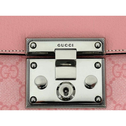 Gucci Pink GG Supreme Leather Padlock Chain Small Handbag Pink available at Queen Bee of Beverly Hills