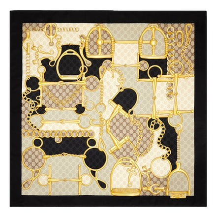 Gucci Printed Silk Twill Carre House Heritage Motif Scarf available at Queen Bee of Beverly Hills