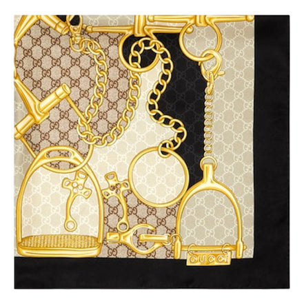 Gucci Printed Silk Twill Carre House Heritage Motif Scarf available at Queen Bee of Beverly Hills