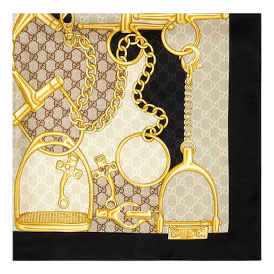Gucci Printed Silk Twill Carre House Heritage Motif Scarf available at Queen Bee of Beverly Hills