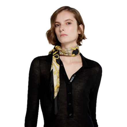 Gucci Printed Silk Twill Carre House Heritage Motif Scarf available at Queen Bee of Beverly Hills