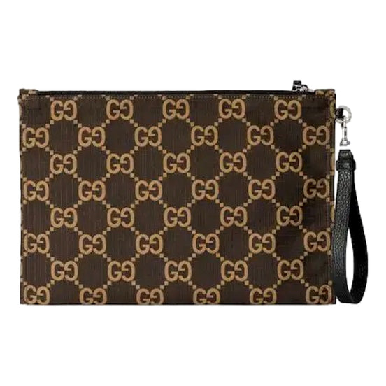 Gucci Ripstop Canvas Jumbo GG Large Clutch Wristlet Brown Beige