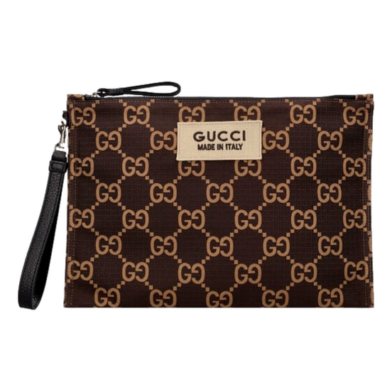 Gucci Ripstop Canvas Jumbo GG Large Clutch Wristlet Brown Beige