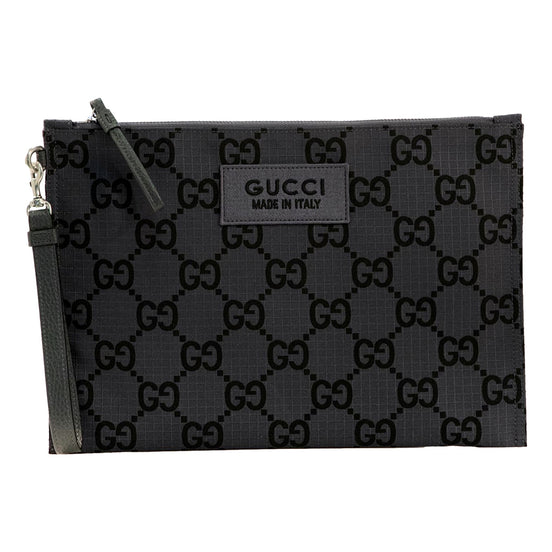 Gucci Ripstop Canvas Jumbo GG Large Clutch Wristlet Gray Black