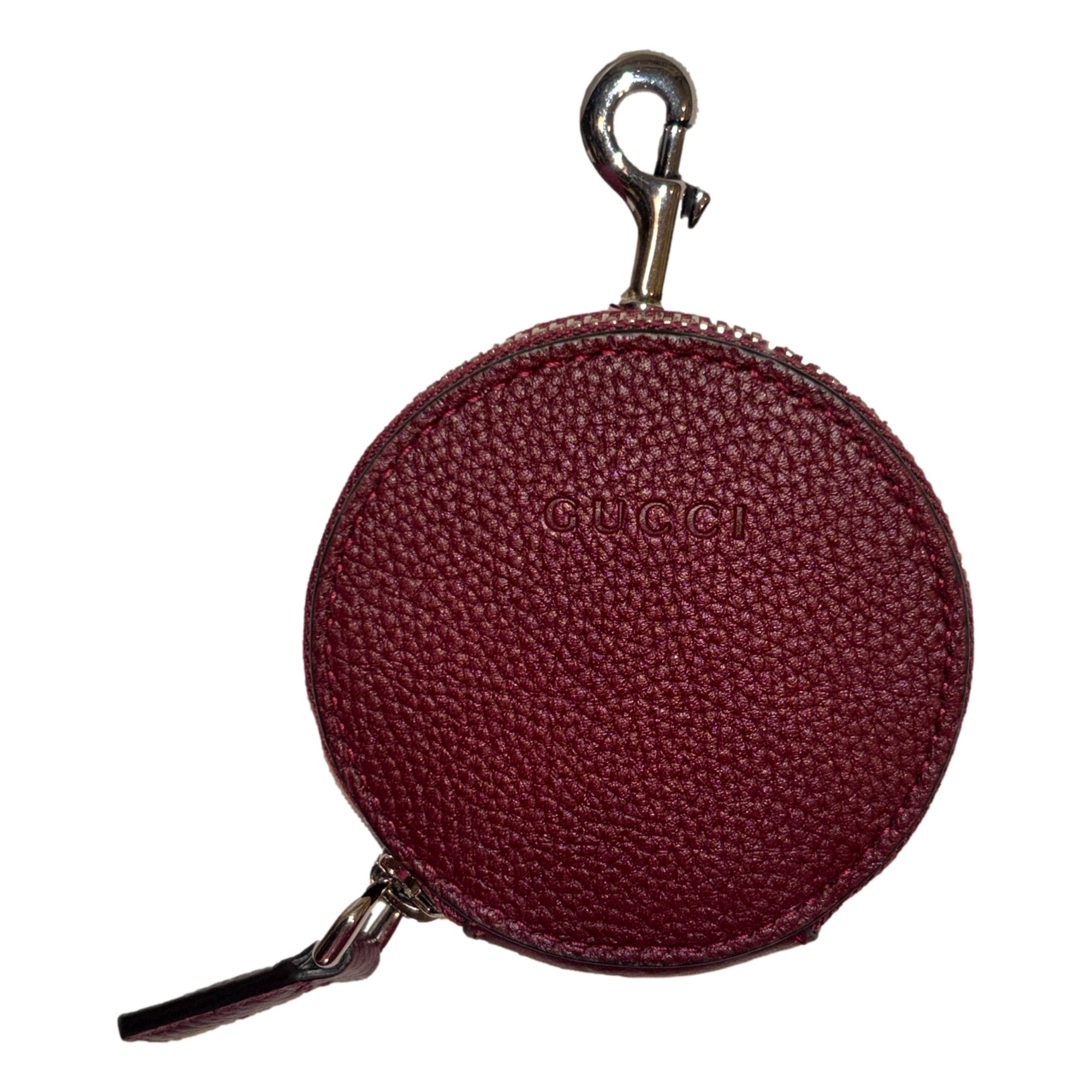 Gucci Round Coin Case Keychain Calf Leather Burgundy Red Pouch - available at Queen Bee of Beverly Hills. 