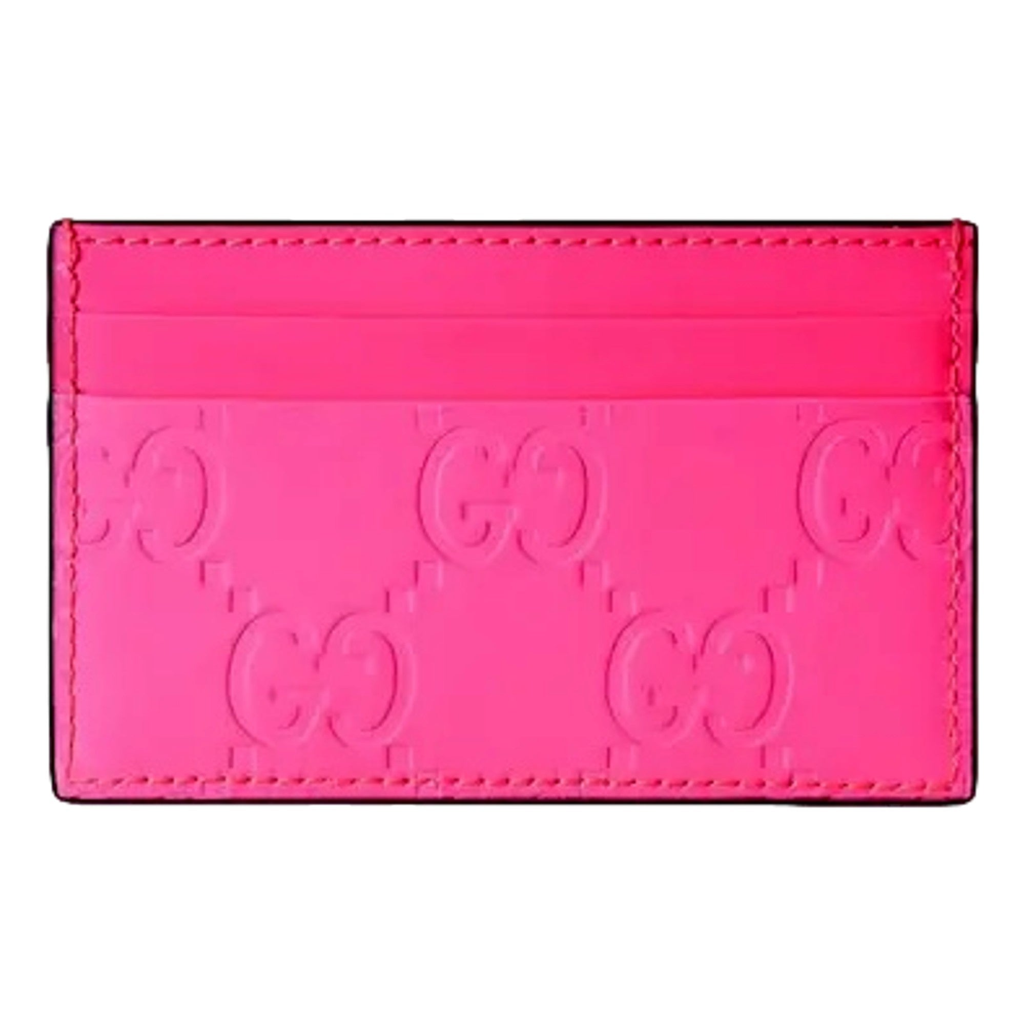 Gucci GG Leather Rubber Effect Neon Pink Card Holder Wallet