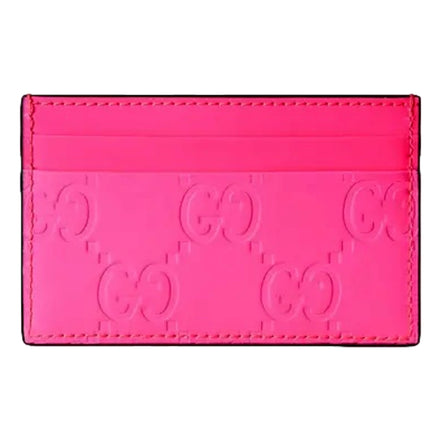 Gucci GG Leather Rubber Effect Neon Pink Card Holder Wallet