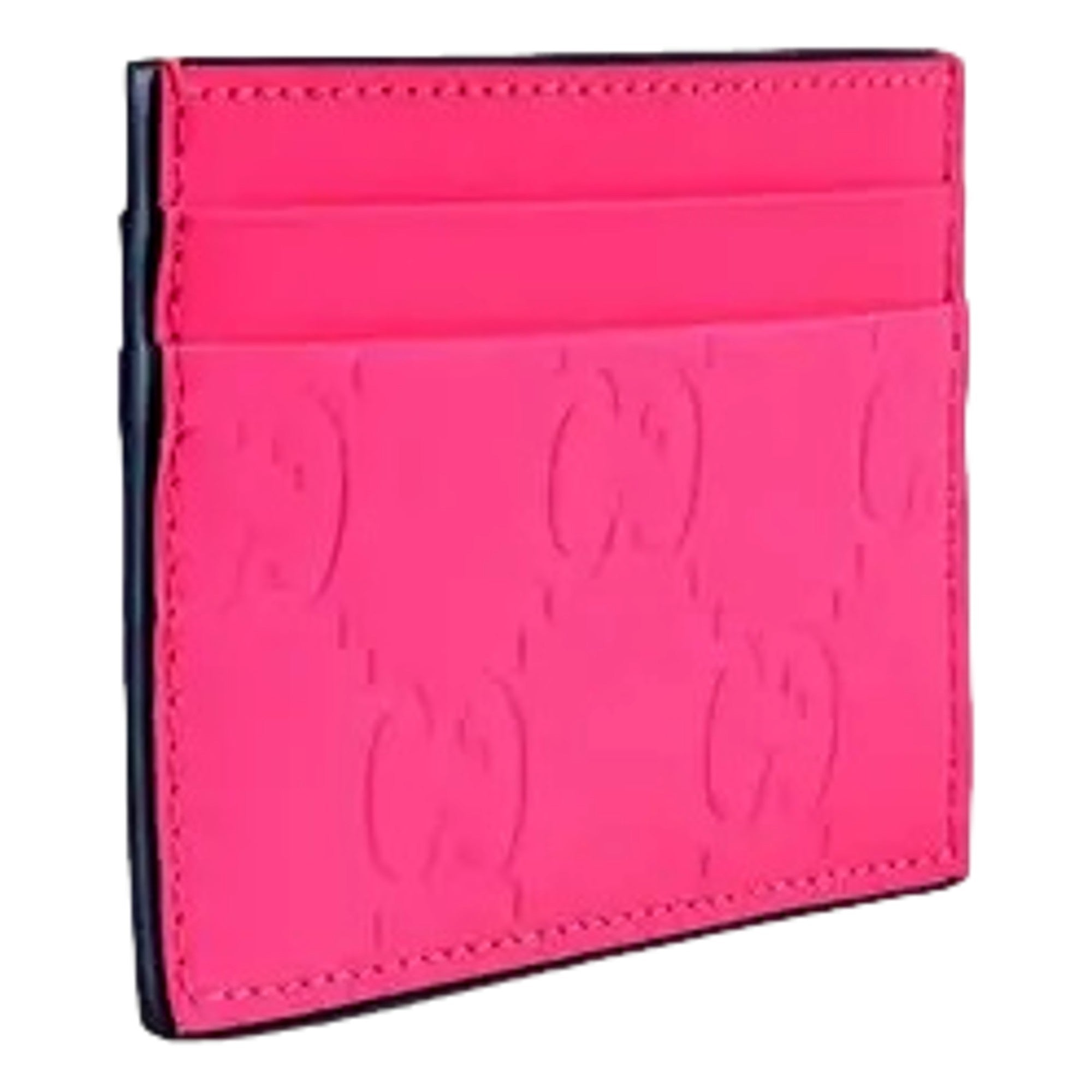 Gucci GG Leather Rubber Effect Neon Pink Card Holder Wallet