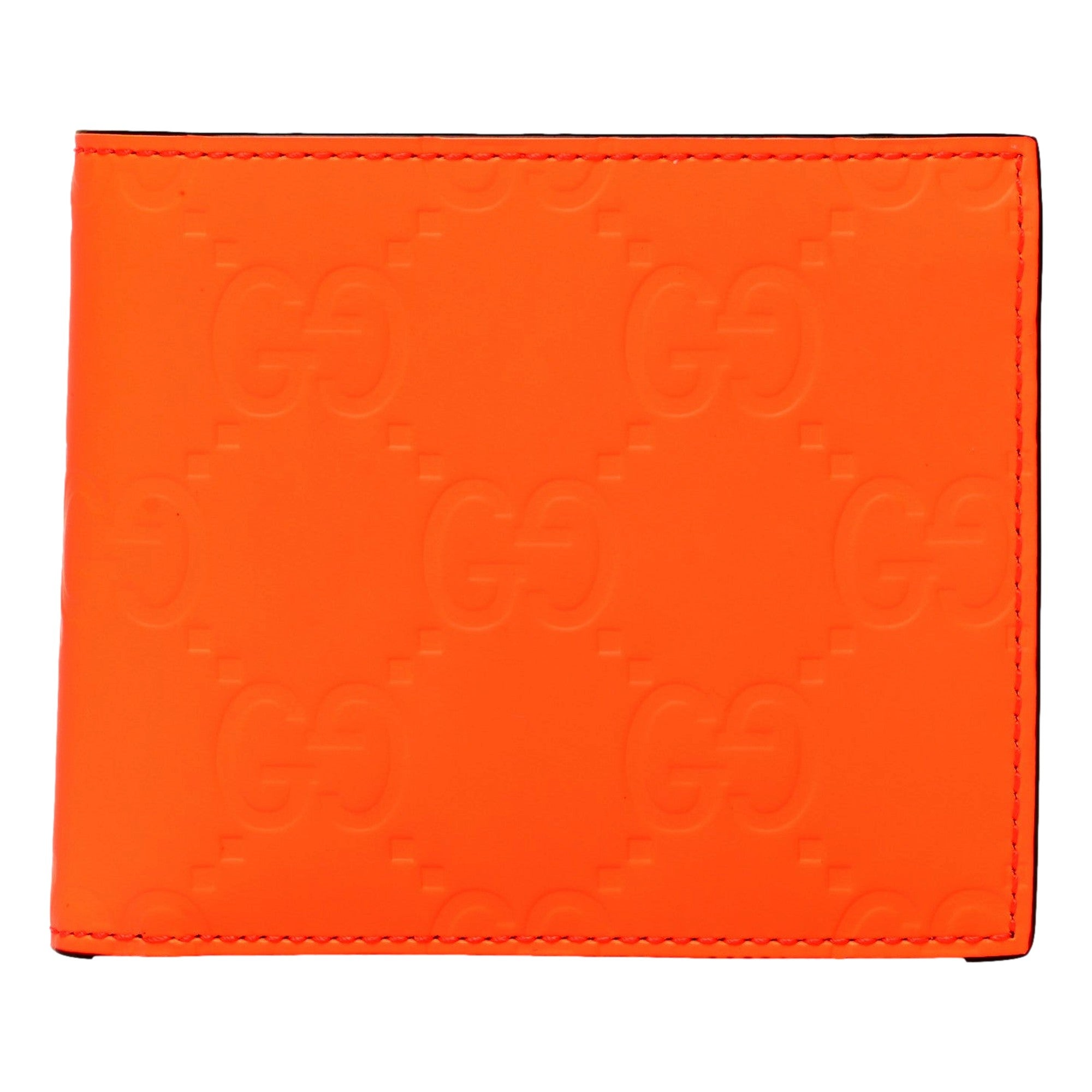 Gucci GG Rubber Effect Neon Orange Guccissima Leather Bifold Wallet sold at Queen Bee of Beverly Hills