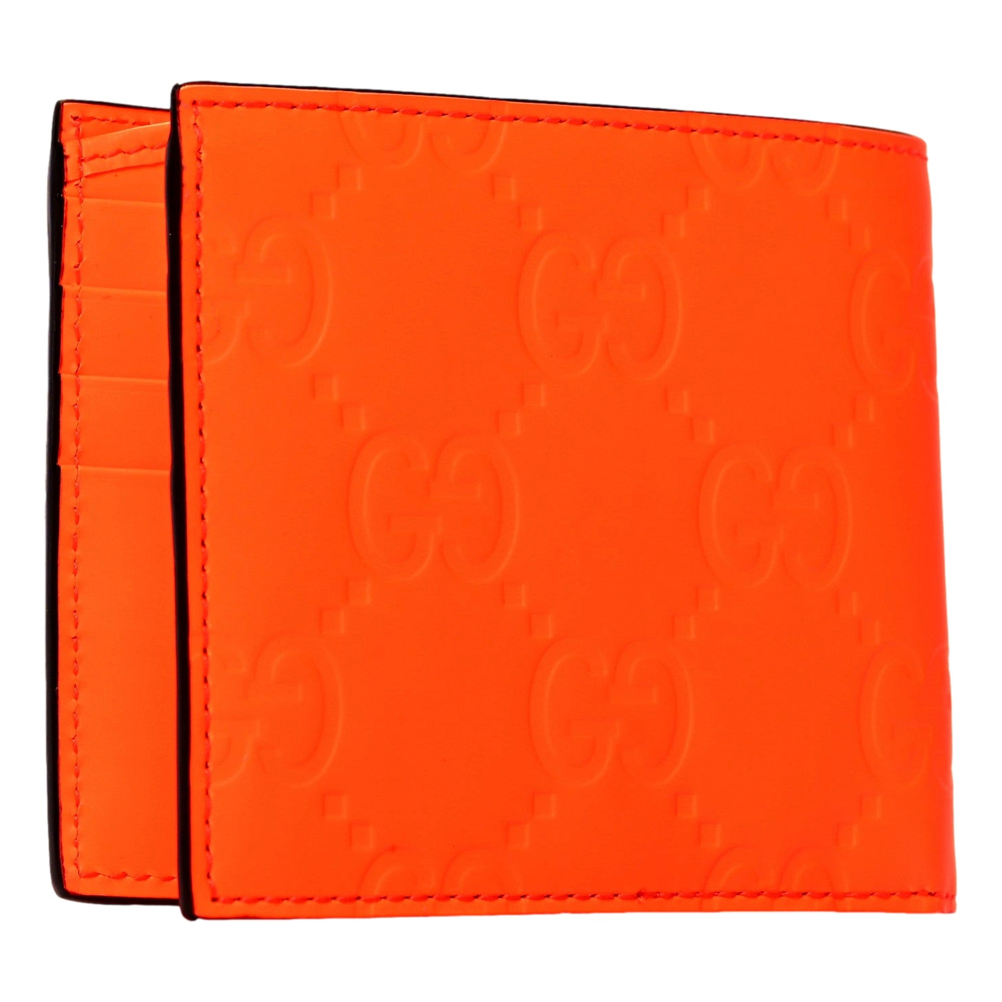 Gucci GG Rubber Effect Neon Orange Guccissima Leather Bifold Wallet sold at Queen Bee of Beverly Hills