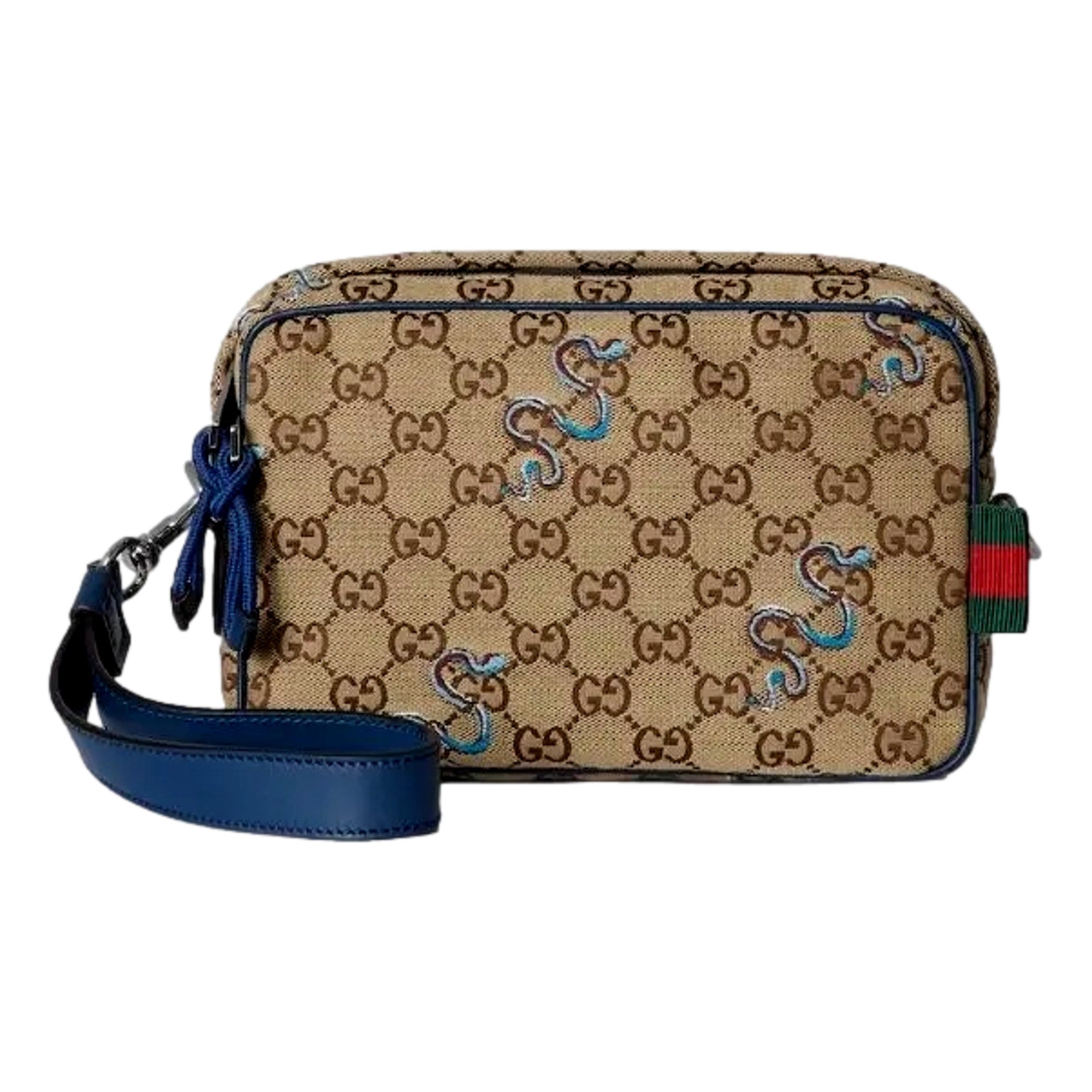 Gucci Snake Embroidered Beige Canvas Blue Trim Crossbody Bag available at Queen Bee of Beverly Hills