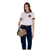 Gucci Snake Embroidered Beige Canvas Blue Trim Crossbody Bag available at Queen Bee of Beverly Hills