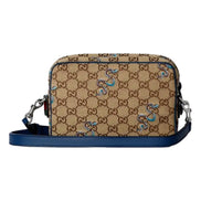 Gucci Snake Embroidered Beige Canvas Blue Trim Crossbody Bag available at Queen Bee of Beverly Hills