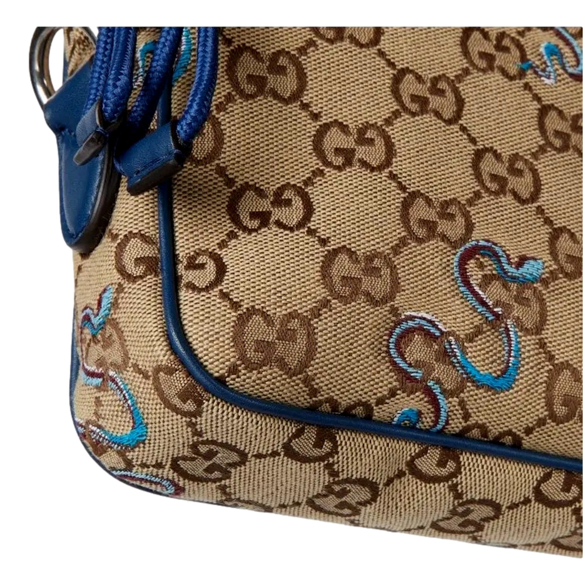 Gucci Snake Embroidered Beige Canvas Blue Trim Crossbody Bag available at Queen Bee of Beverly Hills