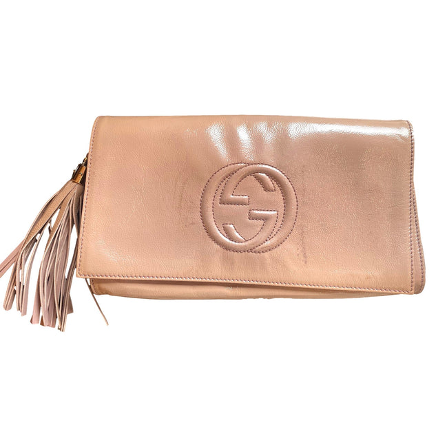 Gucci Soft Patent Medium Soho Clutch Dark Cipria available at Queen Bee of Beverly Hills