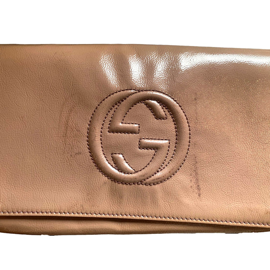 Gucci Soft Patent Medium Soho Clutch Dark Cipria available at Queen Bee of Beverly Hills