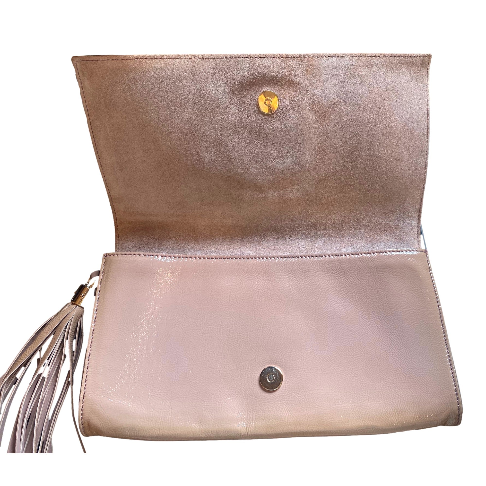 Gucci Soft Patent Medium Soho Clutch Dark Cipria available at Queen Bee of Beverly Hills