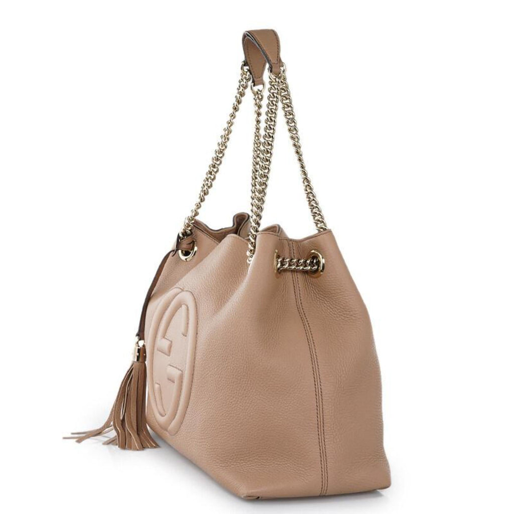 Gucci Soho Camelia Beige Cellarius GG Logo Leather Chain Tote Bag at_Queen_Bee_of_Beverly_Hills