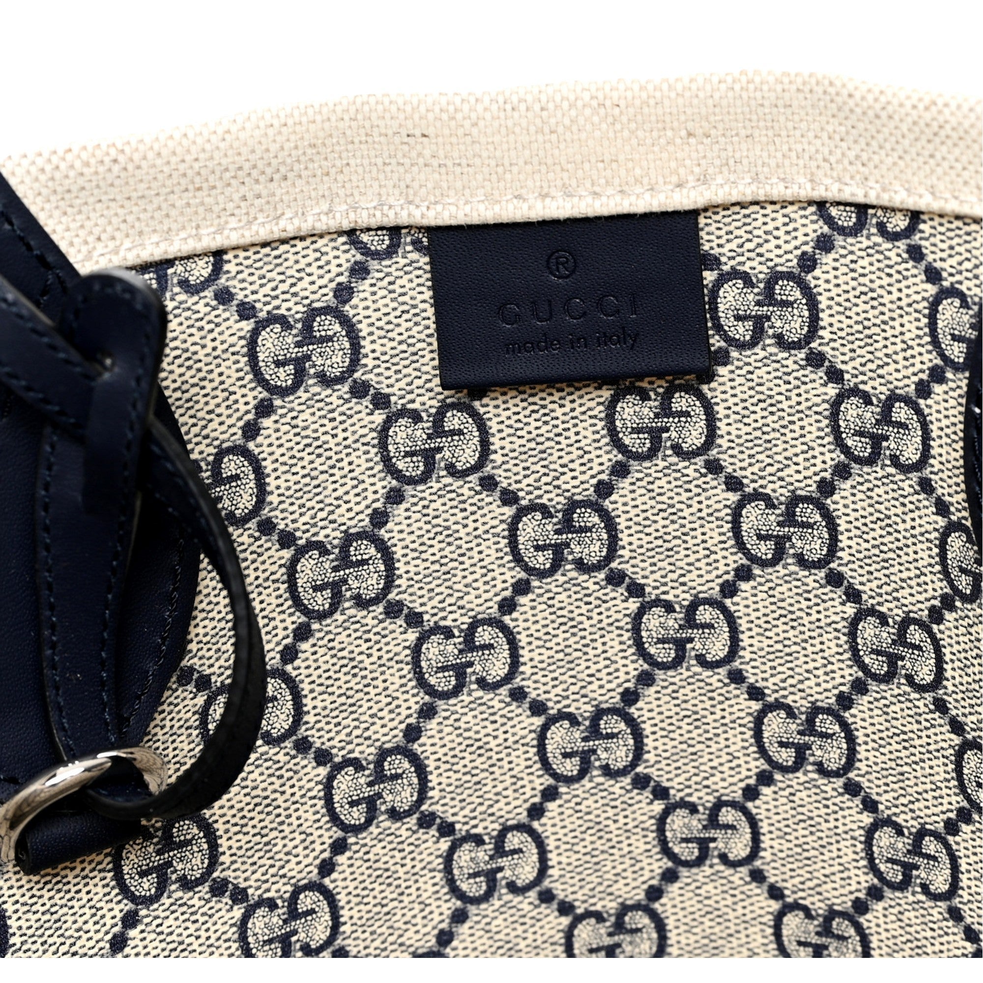 Gucci Supreme Canvas Beige Calfskin Logo Print Large Tote Bag Navy Multicolor available at Queen Bee of Beverly Hills