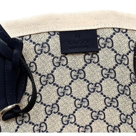 Gucci Supreme Canvas Beige Calfskin Logo Print Large Tote Bag Navy Multicolor available at Queen Bee of Beverly Hills