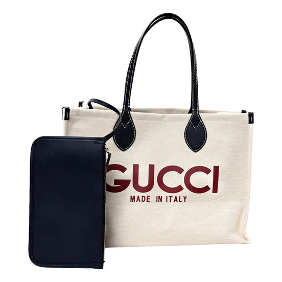 Gucci Supreme Canvas Beige Calfskin Logo Print Large Tote Bag Navy Multicolor available at Queen Bee of Beverly Hills